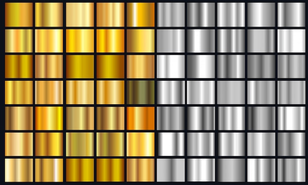 현실적인 노란색과 은색 그라디언트 텍스처 팩. 빛나는 황금 금속 호일 그라디언트 세트