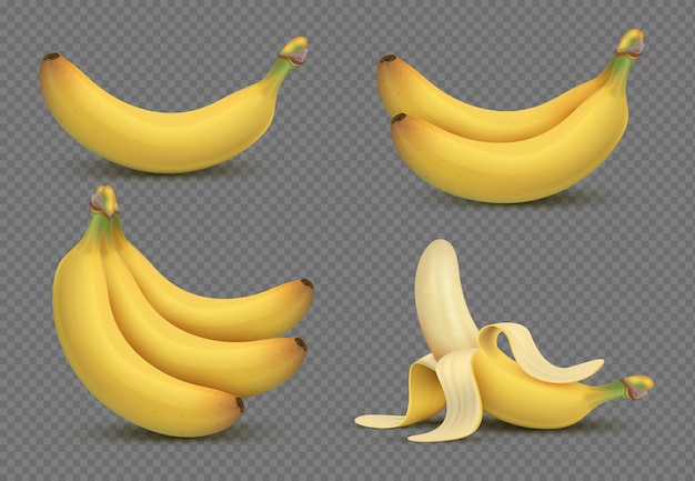 Realistic yellow banana, bananas bunch 3d  isolated on transparent