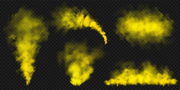 現実的な黄色い色の煙の雲は ⁇ 空気蒸気の暗い背景の蒸気に色の霧の効果を及ぼします ⁇ 