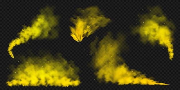 Vector realistic yellow colorful smoke clouds mist effect colored fog on dark background vapor in air steam