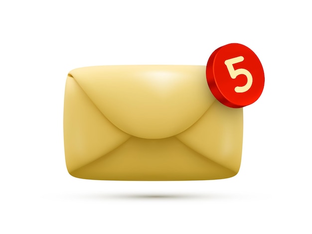 Реалистичная желтая электронная почта с уведомлением и тенью на белом фоне. Векторная иллюстрация