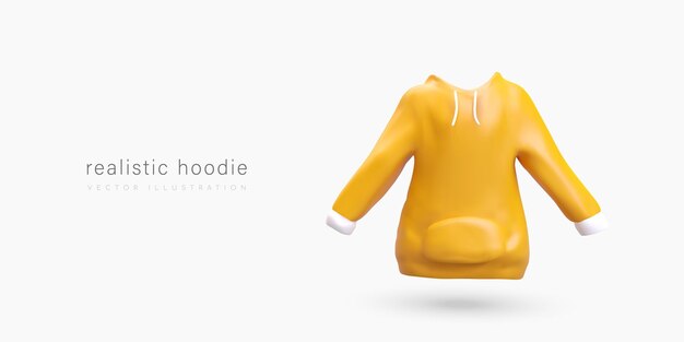 Vector realistic yellow hoodie sweatshirt sports jacket with hood with ties and large front pocket