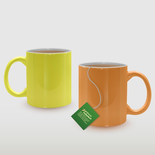 Vector realistic yellow and orange tea cups, tea mugs