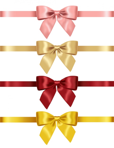 Vector realistic yellow,red,pink and gold bow, big set bow, festive decoration, party element isolated white background  illustration