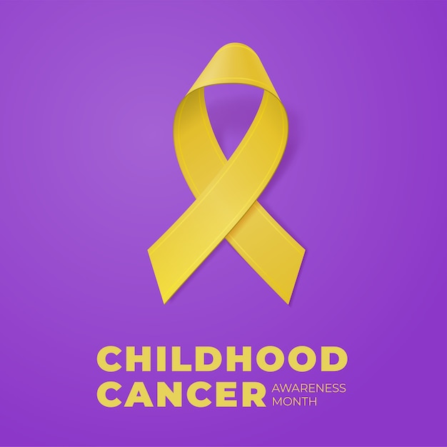 Nastro giallo realistico su sfondo viola. modello per banner, poster, invito, flyer. tipografia del mese di consapevolezza del cancro infantile.