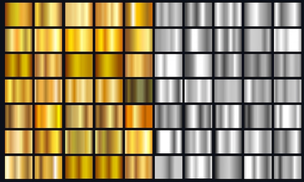 Realistic yellow and silver gradient texture pack. shiny golden metal foil gradient set