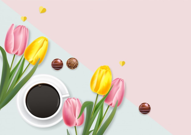 Realistic yellow tulips and coffee cup illustration