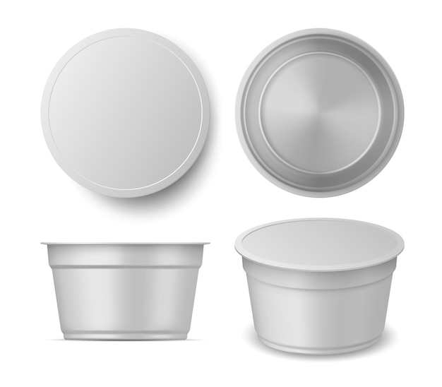 Вектор Реалистичные представления макета чашки контейнера для йогурта или мороженого. пустая пластиковая упаковка для молочных продуктов сверху, спереди и в перспективе. векторный набор йогурта