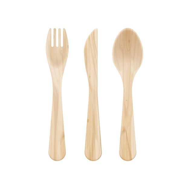 Realistic zero waste eco kitchen wooden cutlery composition with isolated images of wooden fork knife and spoon