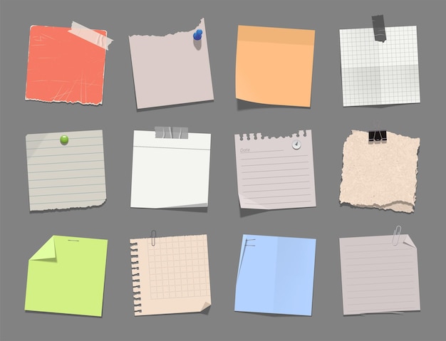 ベクトル 現実的な紙セット ブランク ティッカー ノート ページ引き裂かれた紙製図ピン テープ ステープル バインダー クリップおよびその他のベクトル イラスト