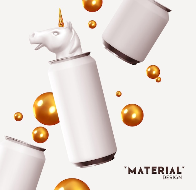 Realistisch achtergrondontwerp met wit aluminium ijzeren blik, eenhoornhoofd. Abstracte compositie voor reclamepresentaties, branding van alcohol, frisdrank, thee-energiedrank. Object 3D-vectorillustratie