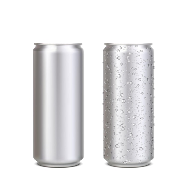 Realistisch aluminium blikje met potten met waterdruppels