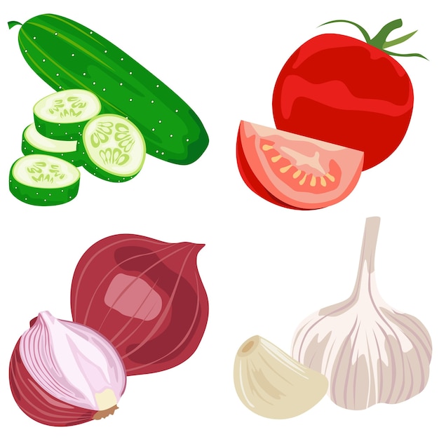 Realistisch beeld van hele en gesneden komkommer, tomaat, ui en knoflook Natuurlijke groenten Voedselpictogrammen