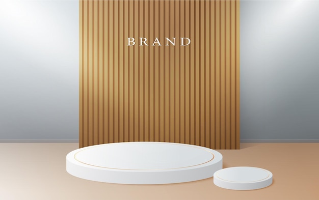 Realistisch bruin hout en wit 3D cilinder voetstuk podium met houtpatroon achtergrond Abstracte minimale scène voor mockup producten podium showcase promotie display