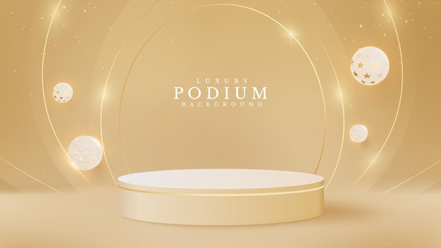 Realistisch crèmekleurig productpodium met ballon en gouden lint eromheen. luxe 3d-stijl achtergrond concept. vectorillustratie voor het bevorderen van verkoop en marketing.