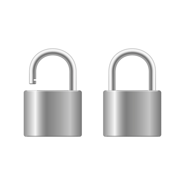Realistisch gesloten hangslot voor bescherming privacy geïsoleerd op een witte achtergrond. Art design metalen stalen slot. Gesloten en geopend.