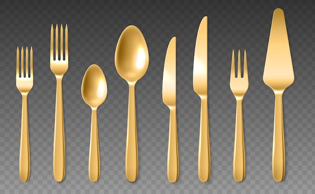 Realistisch gouden bestek Luxe lepels messen en vorken geel metaal 3d close-up diner tools collectie bovenaanzicht roestvrij staal servies Vector geïsoleerd op transparante achtergrond set