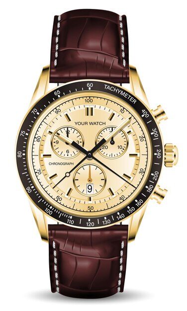 Realistisch horloge chronograaf goud zwart wit pijl nummer bruine lederen riem luxe vector