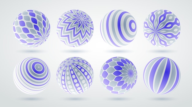 Realistisch ingerichte bollen vector illustraties set, abstracte mooie ballen met patronen, 3D globes design concept collectie.