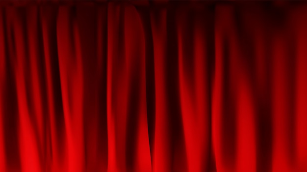 Realistisch kleurrijk rood fluwelen gordijn gevouwen. optiegordijn thuis in de bioscoop.