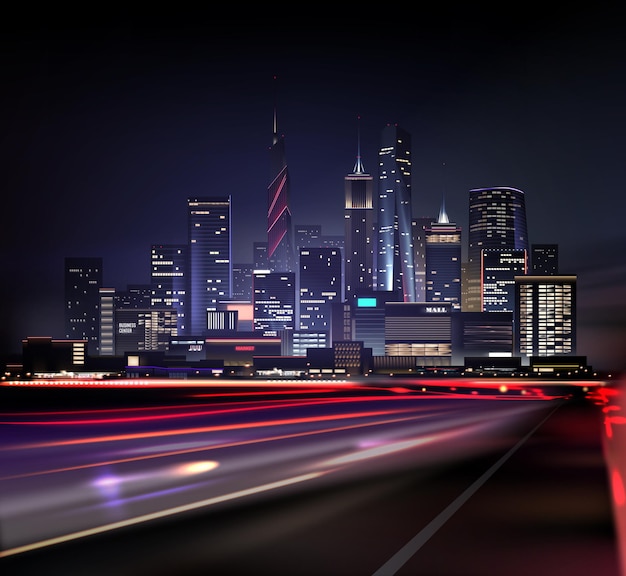 realistisch nachtelijk stadsgezicht met wolkenkrabbers en weg met lichten van de beweging van auto's