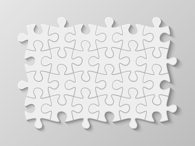 Realistisch puzzelvierkant. Geassembleerde lege puzzel. Verbonden mozaïekstukken. Segmenten samenstelling. Samengevoegde witte delen. Educatief logica geïsoleerd tafelspel. Overeenkomende fragmenten. Raadsel speelgoed. vector concept