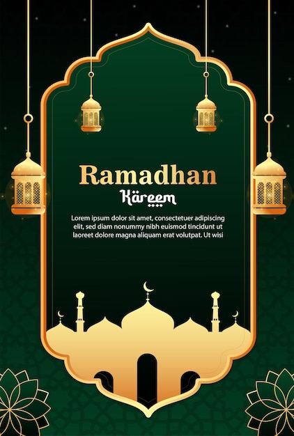 Realistisch Ramadan Kareem-postersjabloon met lantaarns en moskeeornamenten