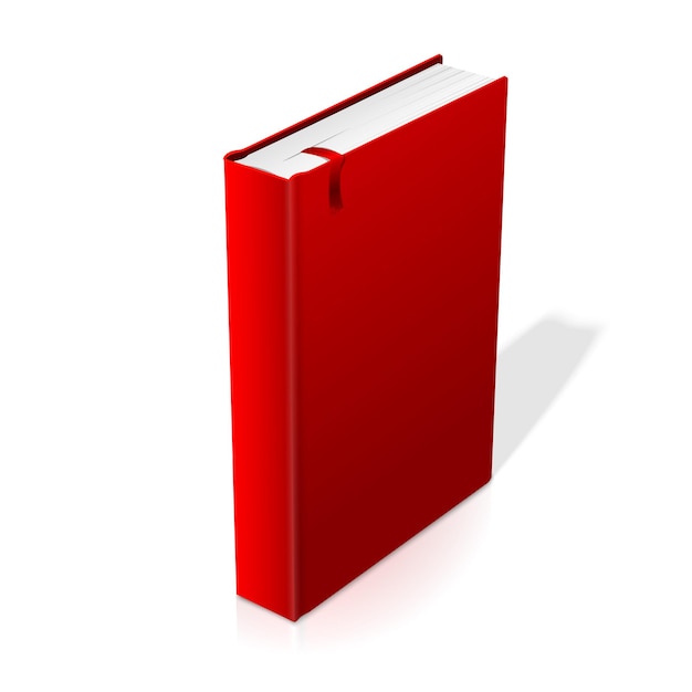 Realistisch staand rood blanco hardcover boek met rode bladwijzer. geïsoleerd op een witte achtergrond met zachte reflectie voor design en branding. vector illustratie