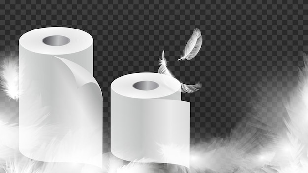 Realistisch toiletpapier. zachte witte papieren of doekrollen met verenbanner. hygiëne, keuken of badkamer apparatuur vectorillustratie. realistisch zacht toiletpapier, doekje voor sanitairreiniger