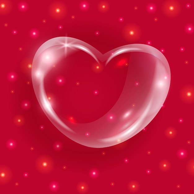 Realistisch transparant glazen hart Glanzend zeepbel 3d hart op rode achtergrond met glitters