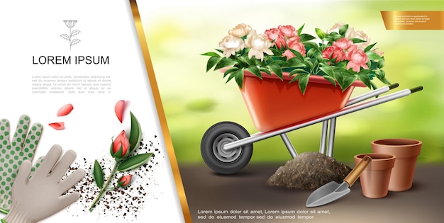Realistisch tuinieren kleurrijk concept met handschoenen troffel bloempot kruiwagen vol bloemen illustratie