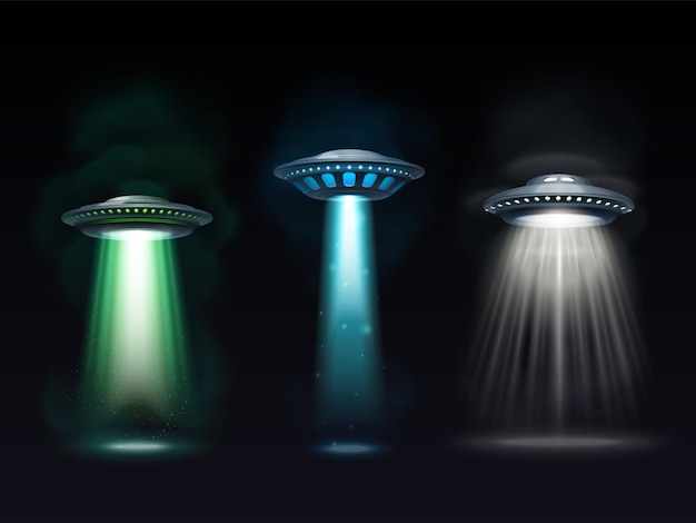 Realistisch ufo ruimteschip ontvoering van buitenaardse wezens 3D-model futuristisch ruimtevaartuig zoeken buitenaards schip verticale straal lichtinvasie bezoeker oneindig effect exacte vectorillustratie