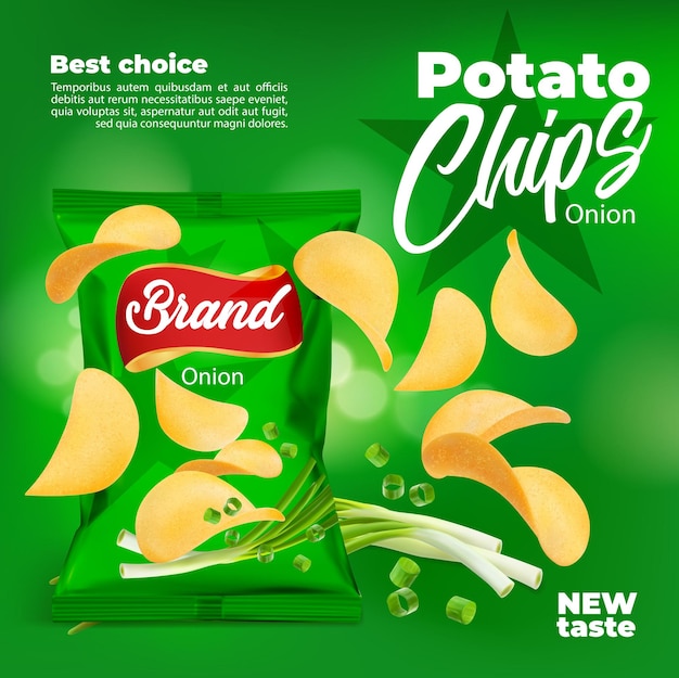 Realistisch ui-smaak chips snackvoedselpakket Vector 3d vallende chips met groene zak en gehakte lente-ui sterren en bokeh lichten junkfood en knapperige chips mockup