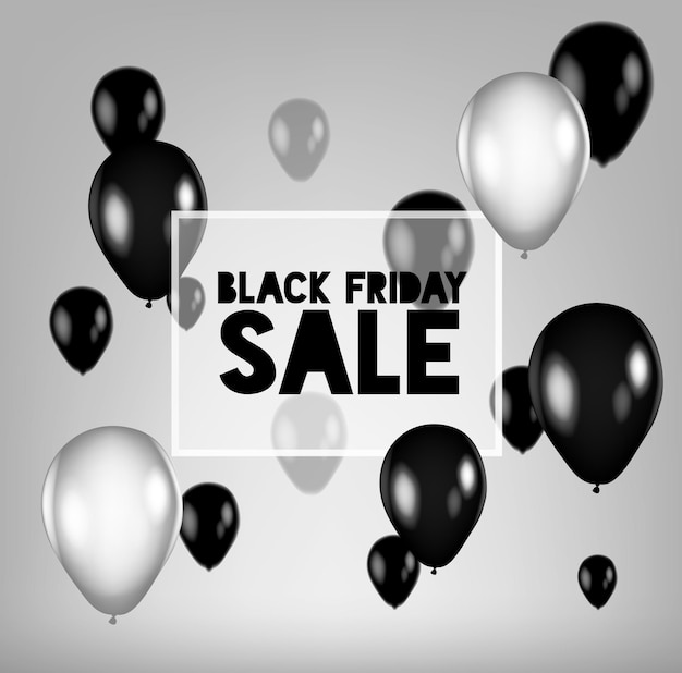 Realistisch zwart en grijs stelletje verjaardag / Black Friday-verkoopballonnen die vliegen voor feesten en vieringen geïsoleerd. Zwarte heliumballonnen.