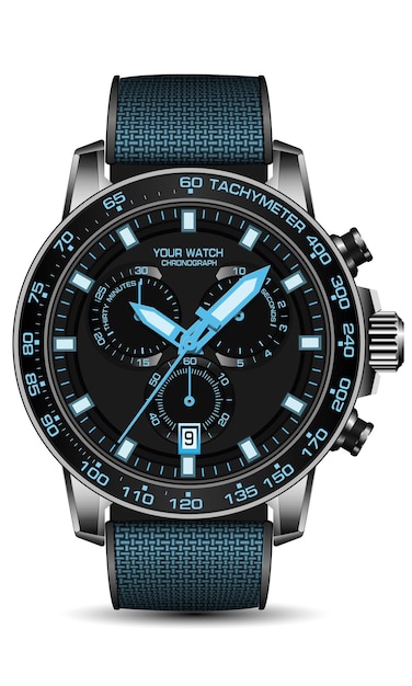Realistisch zwart stalen horloge chronograaf blauw nummer gezicht stof band witte achtergrond moderne luxe