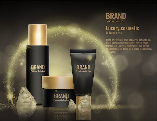 Vector realistische 3d cosmetische crème sjabloon product pakket goud reclame illustratie.