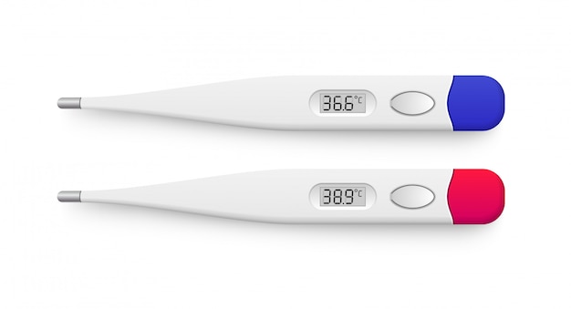 Realistische 3d-elektronische medische thermometers met schaduw bovenaanzicht geïsoleerd op wit