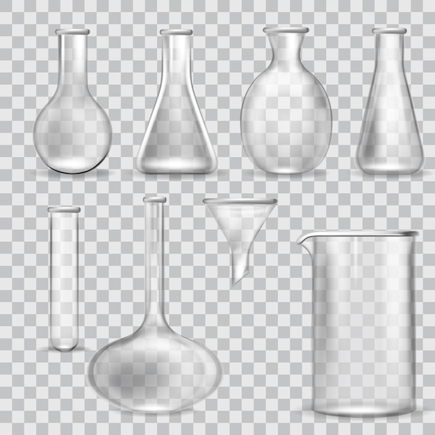Realistische 3D gedetailleerde chemische glasapparatuur set vector