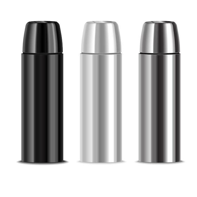 Realistische 3D gedetailleerde glanzende metalen thermos set vector