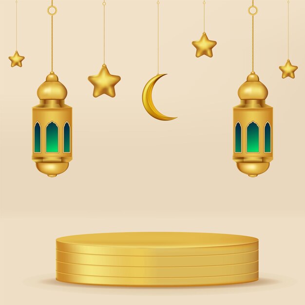 Realistische 3d-islamitische viering met islamitisch ornament en productpodium vector 3d illustratie