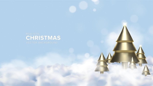 Realistische 3d kerstboom ontwerp achtergrond in gouden kleur boven de wolken Premium Vector