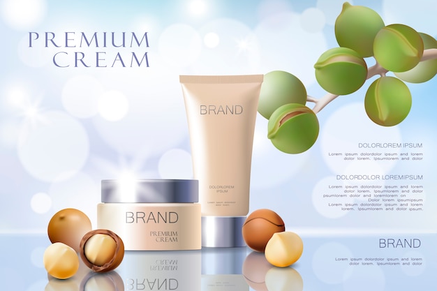 Realistische 3d macadamia notenolie cosmetische advertentie sjabloon.