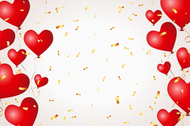 Vector realistische 3d-mat rood vliegende hart ballonnen met gouden lint en vallende goudkleurige confetti, voorraad vector illustratie lay-out, ontwerpelement voor header banner, poster, kaart ontwerp