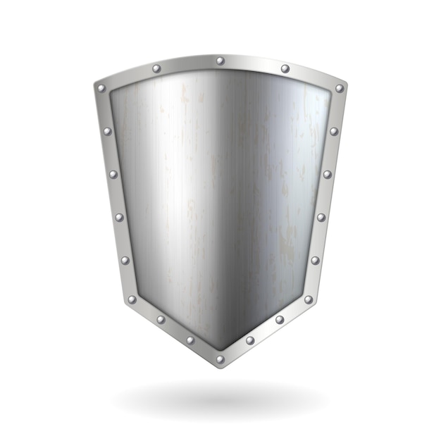 Realistische 3d metalen zilveren schild icoon. verchroomd metalen stalen schild. veiligheid en bescherming embleem sjabloon geïsoleerd op een witte achtergrond. vector illustratie