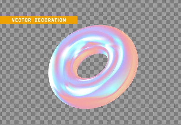 Realistische 3D-vorm torus, donut-objecten met gradiënt holografische kleur van hologram. Geometrische decoratieve ontwerpelementen geïsoleerd op transparante achtergrond. vectorillustratie.