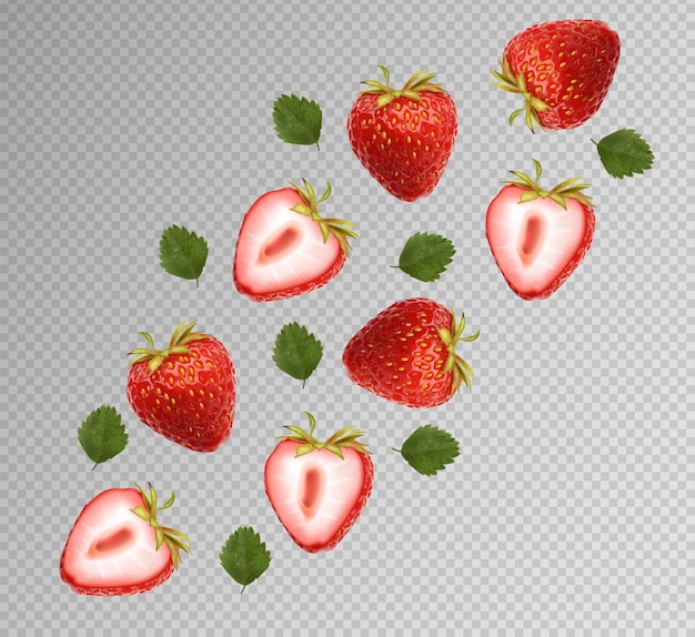 Realistische aardbei met bladeren, zomerfruit