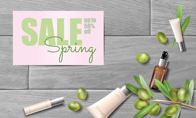 Vector realistische advertentie van cosmetica voor biologische olijfolie. natuurlijke essentie boerderij plant lente verkoop aanbieding promo mesh 3d houten plank promotie poster sjabloon. web banner vrouw glas gezicht crème illustratie