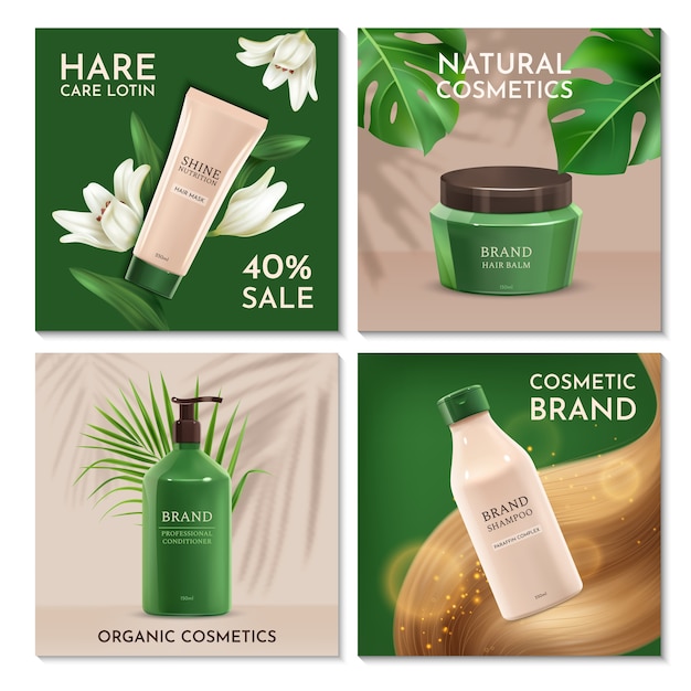 Realistische advertentiesetcollectie voor haarverzorgingsproducten