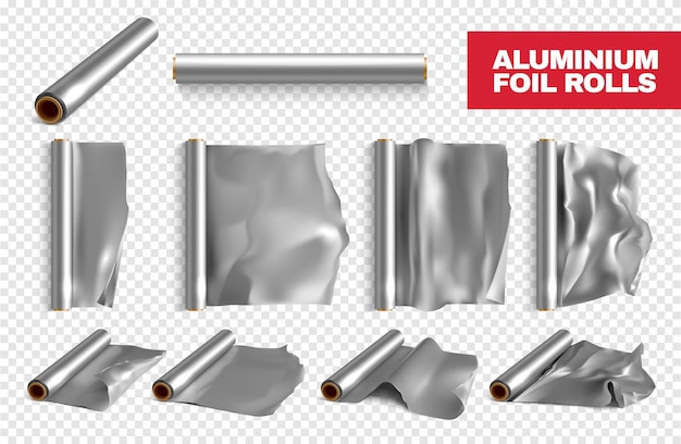 Realistische aluminiumfolie rolt transparante set geïsoleerde vectorillustratie