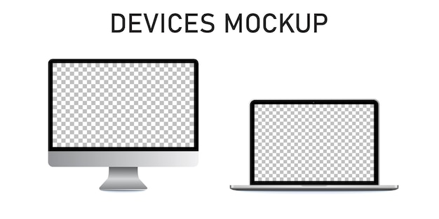 Realistische apparaten mockup set monitor, laptop. Voorraadvector.